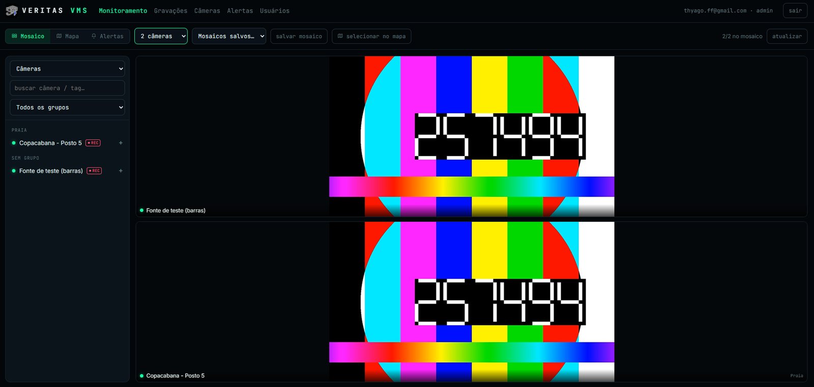 Monitoramento ao vivo — mosaico e câmeras